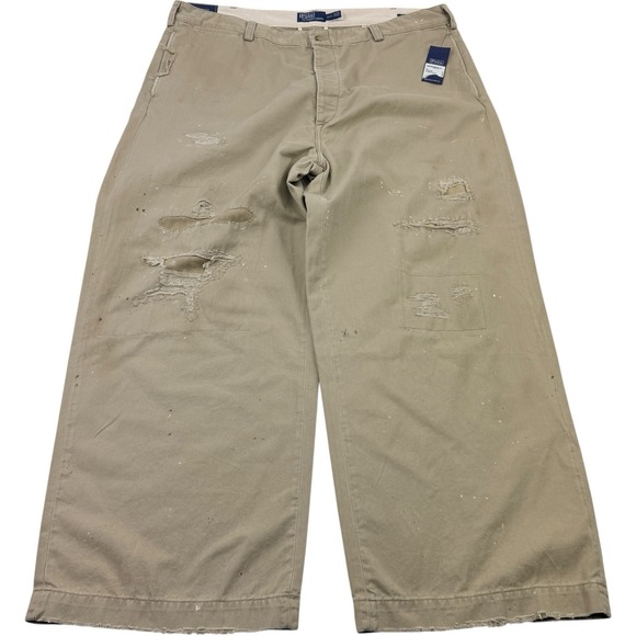 Polo Ralph Lauren Big Chino Distressed Splatter Cotton Pants Khaki 42x32 NWT - Picture 1 of 9